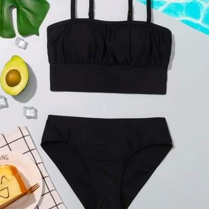 Girls plain black ruched bikini swimsuit, size 11/12